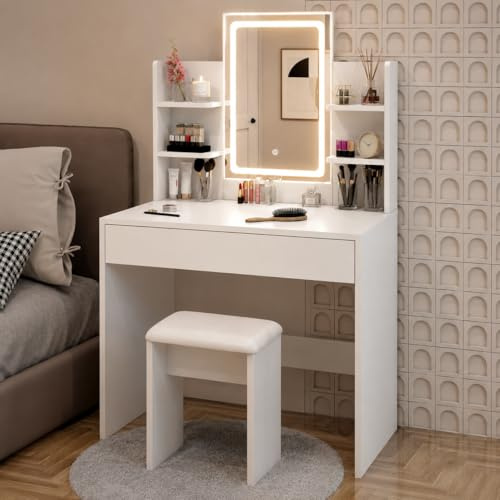 Coiffeuse avec Miroir et Tabouret - LED 3 Couleurs - Grand Rangement 4 Étagères + Tiroir - Bureau Maquillage Blanc Moderne - Éclairage Professionnel Réglable