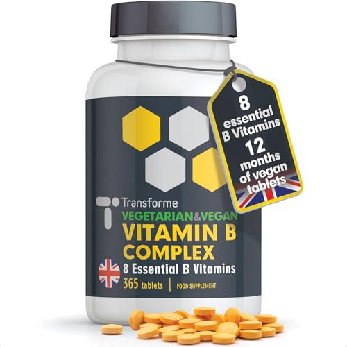 Vitamin B Complex, 365 Tablets, 1 Year Supply, 100% NRV All 8 B Vitamins - B1, B2, B3, B5, B6, B7 Biotin, B9 Folic Acid, B12, Energy, Heart, Tiredness, Hair, Skin, Nervous System, Vegan by Transforme