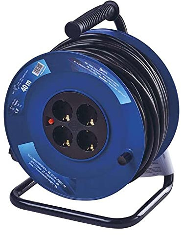 EMOS - Kabeltrommel 40m mit verstärktem Verlängerungskabel - 4 Schuko-Steckdosen - 230 V, 16 A, 3680 W - PVC-Isolierung - H05VV-F3G 2,5 mm2 - Überhitzungsschutz - IP20 für Innen, grau-rot