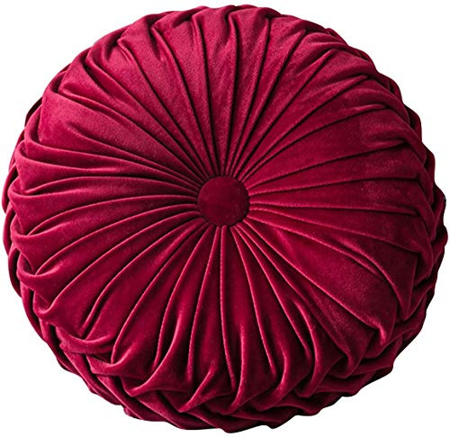 Bprtcra Round Velvet Throw Pillow, Handmade Round Pleated Floor Pillow Pumpkin Chair Cushion Couch Floor Filled Cushion for Home Sofa Chair Bed Car Decor, Light Gray (Red)