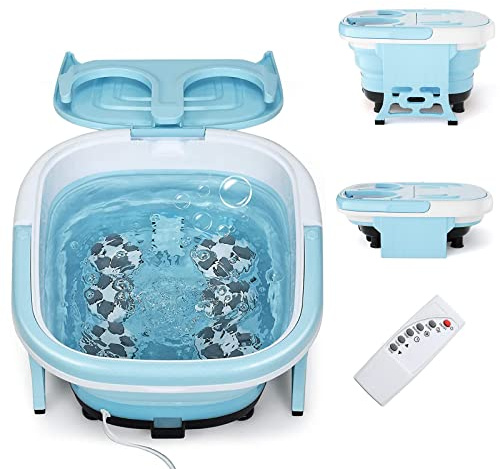 RELAX4LIFE Pediluvio Massaggiatore Piedi con Luce Infrarossa, Scalda Acqua Fino a 48°C, Massaggiatore Piedi Pieghevole con Telecomando Portatile, Funzione Calore e Rullo (azzurro)