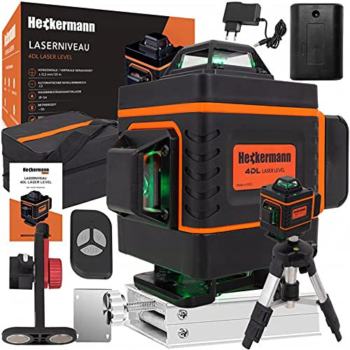 Original Heckermann Laser Level 360° Cross Laser - Remote Control Option - 16 Lines - IP54 - Dust Water Protection - Operating Range up to 25 m - Green Beam - Tripod