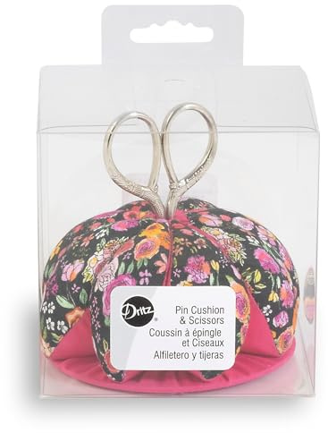 Dritz Nadelkissen mit Schere, Schwarz/Rosa mit Blumenmuster