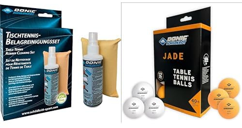 Donic-Schildkröt Tischtennis Reinigungsset, 100 ml Belagreiniger im Pumpzerstäuber und Reinigungsschwamm, 828529 & 618045 Unisex – Erwachsene Donic Tischtennisball Jade, 12 STK. weiß / orange