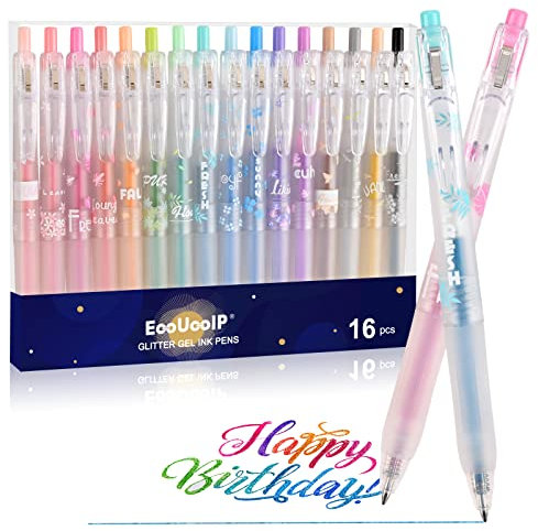 EooUooIP Glitzerstifte Gel,Glitzer Gelschreiber Set,16 Farben Druckkugelschreiber Mehrfarbig 0.5MM Gelschreiber,Inklusive Glitter für Künsterbedarf Erwachsene Malbücher, Zeichnen