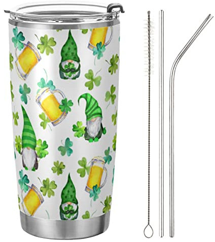 IUBBKI Gnome Clover Shamrock Bierbecher mit Deckel und Strohhalm, St. Patrick's Day, 590 ml, Edelstahl-Wasserflasche, vakuumisolierter Kaffeebecher