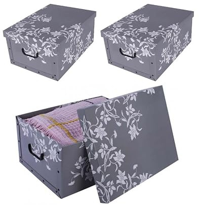 Kreher 3 Stück XL 45 Liter Deko-Kartons, Ordnungsboxen, Stapelboxen mit Deckel und Griffe, 51 x 37 x 24 cm (Barock Blume Grau)