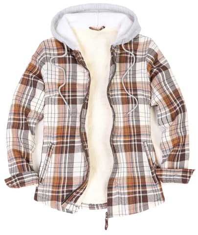 ZENTHACE Veste chemise à capuche en flanelle doublée Sherpa avec fermeture éclair intégrale pour l'automne et l'hiver | Veste à carreaux avec capuche en polaire, capuche zippée intégrale, cordon de serrage réglable, légère par temps froid