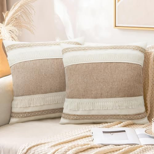 Merrycolor Boho Kissenbezug 45 x 45 2er-Set mit Quasten Beige Neutrale Kissenbezüge Bauernhaus-Boho-Kissen Dekorative Dekokissenbezüge für Couch Sofa Wohnzimmer(45 x 45 cm, H)
