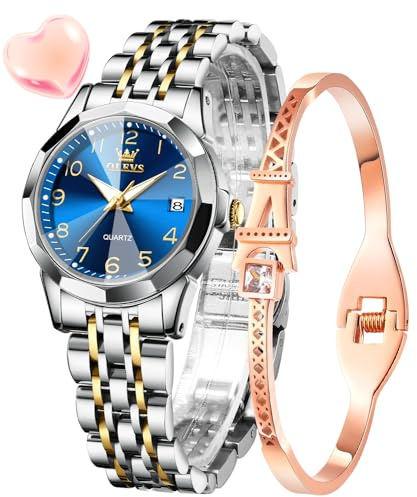 OLEVS Damenuhr Diamant Analog Quarz Uhren Damen Edelstahl Wasserdicht Leuchtend Modisch Elegantes Kleid Armbanduhr Armreif Geschenk Set