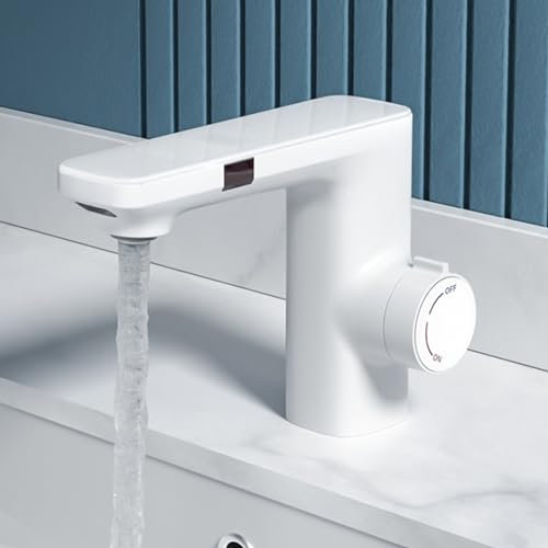 XJTNLB Mitigeur Salle de Bain Robinet Infrarouge Lave Main Mitigeur Monocommande Froide et Chaude Robinets de Lavabo pour Salle de Bain avec Affichage Digital,Blanc