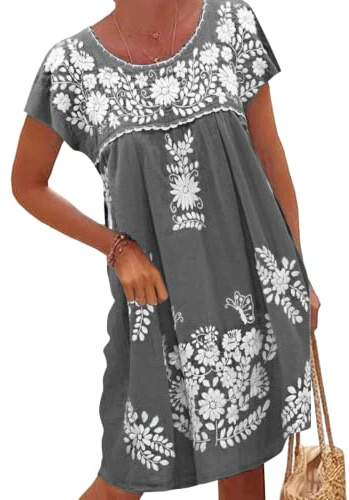 Melliflo Mexican Dress for Women Short Sleeve Floral Embroidered Fiesta Dress Loose Linen Peasant Dresses(GR, XL) Gray