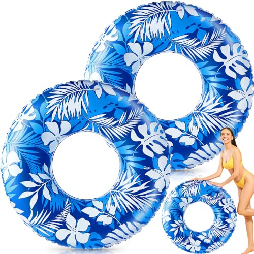Motionchic Jumbo Swim Rings 47.24 Inches Inflatable Pool Float Tube Tropical Leaves Swimming Tube Inflatable Pool Ring for Kids Adults Summer Water Fun Beach Party Supplies(3 Pcs,Blue)