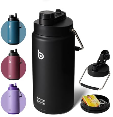 BOTTLE BOTTLE Insulated Water Bottle 64 oz with Straw and Dual-use Lid Half Gallon Water Jug Vacuum Stainless Steel for Workout and Sports Insulated Beer Growler with Handle Dark black