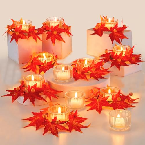Hewory 12 Teelichthalter Glas Set mit Herbst Girlande für Herbstdeko Innen | Aesthetic Fall Decor, Windlicht für Teelichter und Votivekerzen, Erntedankfest Tischdeko Wohnzimmer Kamin Geschenkidee Boho