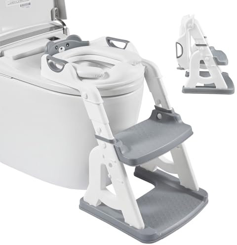 Schwänlein® Toilettenleiter für kinder, Upgraded 2-in-1 Toilettensitz Kinder mit Treppe Toilettensitz Kinder mit Gepolstertem Sitz, Spritz- und Stabilen Rutschfester Tritt (Grau)
