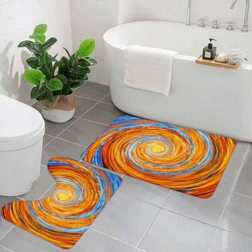 EYLOZS Badezimmerteppich Set 2 Teilig Waschbar rutschfeste Badematte Toilettenmatte Weich Saugfähige Badteppiche,Fraktale, Hippie-Stil-Wirbel-Spirale, rotierend, bunt, chaotisch, ungewöhnlich, Turni