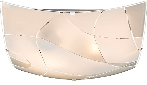 Glas Deckenleuchte Deckenlampe E27 Fassung 2 Flammig Deckenlampe Weiss eckig, Chrom satiniert, Dekorlinien, 2x E27, LxBxH 30x30x8,5 cm