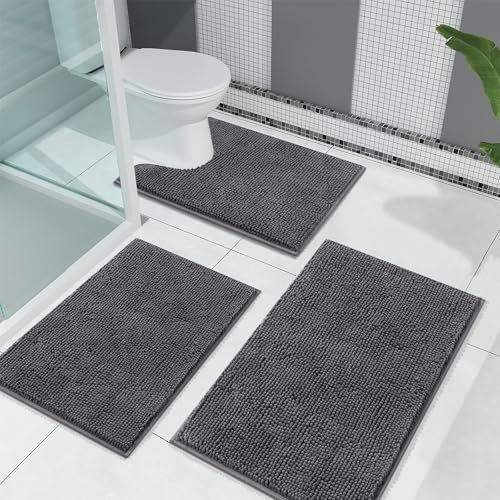 Enyhom Dunkelgrau Badematten Set 3 Teilig, rutschfest Waschbar Badteppich Set Chenille Duschvorleger für Dusche und Badewannen WC Vorleger mit Ausschnitt(45x65+50x80+U50x60cm)