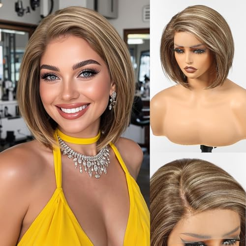 HAIRCUBE Synthetische Lace-Front-Perücke in Braun-Mischung, 25 cm lange, gestufte Bob-Perücke ohne Kleber, natürliche Haardichte, für den täglichen Gebrauch