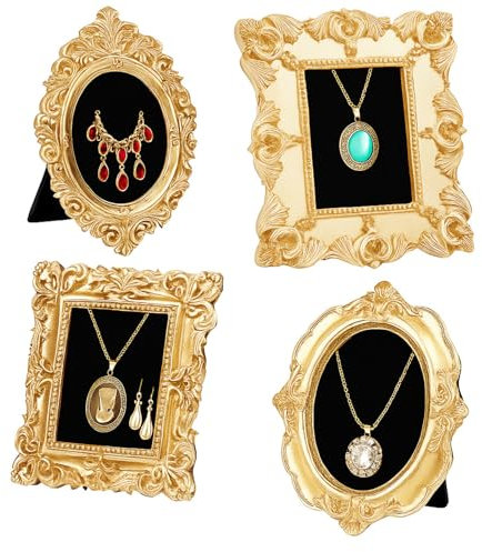 Wonderjune 4 Pcs Mini Vintage Jewelry Display Stand Baroque Gold Picture Frame Necklace Earrings Holder Jewelry Photography Props Organizer with Velvet Backing Antique Decor for Wedding Women Gift
