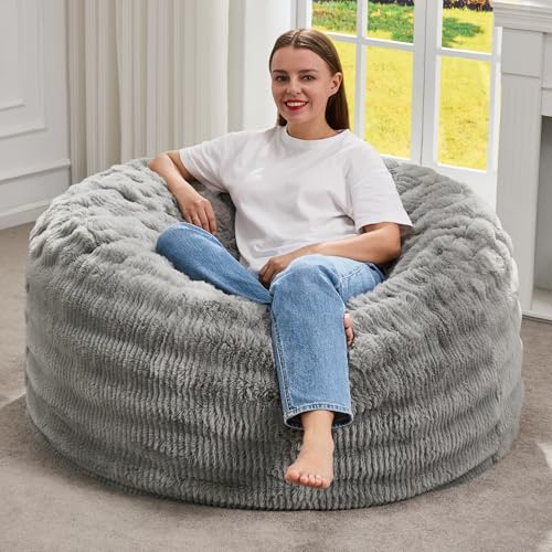 Hobestluk Bean Bag Chairs Beanbag Chair with Filler Adult Bean Bags with Fluffy Ripple Cover, Giant Bean Bag Chairs for Adults (Grey, 3FT - 36 x 36 x 22)
