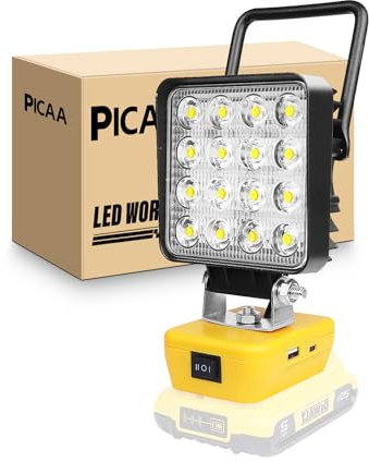 PICAA Cordless LED Work Light, 48W 4800LM 6500K Portable Floodlight for Dewalt 18V/20V Battery, Type-C&USB Charging - Ideal for Outdoor Workplace Camping, Hiking & Construction Sites(No Battery)