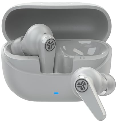 JLab Go Pods ANC öronsnäckor – Hybrid Active Noise Cancelling Bluetooth-hörlurar, 26+ H speltid, IP55 svettbeständiga, anpassningsbart ljud via app, Multipoint och tydliga samtal, Molnvit