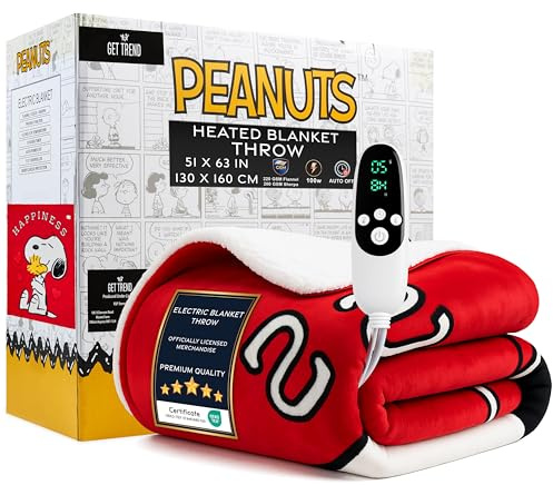 Get Trend Peanuts Snoopy Manta Electrica 130x160cm, Manta Invierno Sherpa, 9 Niveles de Calor, Temporizador 12h y Protección contra Sobrecalentamiento (Rojo Snoopy, Throw EU)