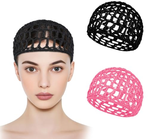 ZEYIYER 2Pcs Hair Nets for Sleeping, Black Pink Crochet Hair Net, Silk Press Hairs Wrap Net Caps for Hairs Silk Press Tidy Women Sleeping