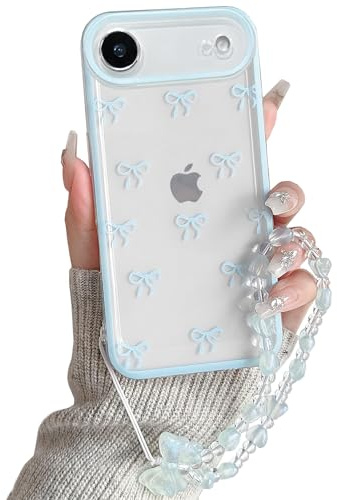 NITITOP for iPhone 17 Air Case Cute Clear Bow Chain,Blue | for Women Girls, Aesthetic Bowknot Ribbon Design, with Wrist Strap, Soft TPU Shockproof Cover, Full Camera Protection