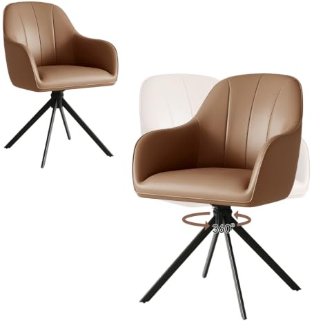 Hawthyhome Esszimmerstühle Drehbar 2er Set 5cm Sitzkissen PU Leder/Braun | Stühle Esszimmer mit Armlehne,Polsterstuhl mit Metallbeinen,Moderner Küchenstuhl für Esszimmer,Wohnzimmer,Büro