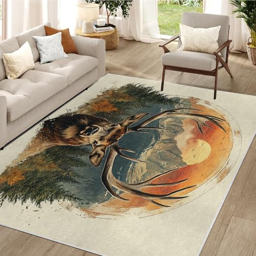 buyluhn Waschbarer Kurzflor-Teppich 60x180 - Vintage Ölgemälde Elch Teppiche - Wildtiere Vintage Natur Dünn Saugfähig Carpet Für Wohnzimmer Schlafzimmer Jugendzimmer Oder Als Bettvorleger QY4