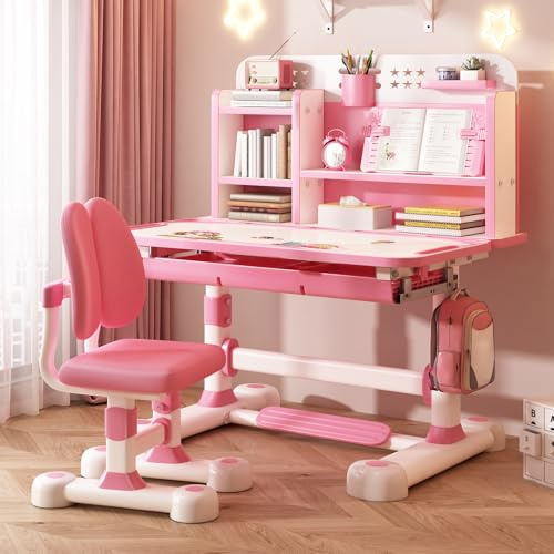 Aislerbee Kinderschreibtisch höhenverstellbar, Schreibtisch- und Stuhl-Set für Kinder mit Sitzkorrektur, ergonomischer Schreibtischstuhl mit Buchständer, Fußpedal und Trennwand-Design (Rosa)