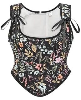 Black Floral Printed Boned Gothic Overbust Corset Top Shoulder Strap Victorian Vintage Vest For Woman Medieval Steampunk Bustier(XXL)