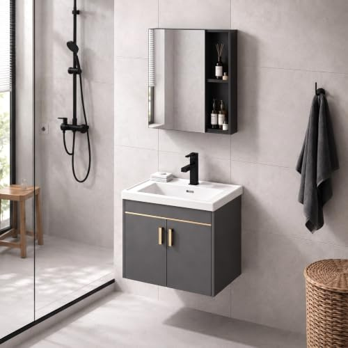 FGNIXLN Set di mobili da bagno con mobiletto, 61 cm, con armadietto a specchio da 55 cm, set di mobili da bagno con lavandino, sospeso, mobili moderni da bagno