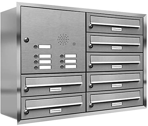 AL Briefkastensysteme, 7er Unterputzbriefkasten, Briefkasten mit Klingel, 7 Fach, Briefkastenanlage modern, rostfrei Edelstahl Postkasten