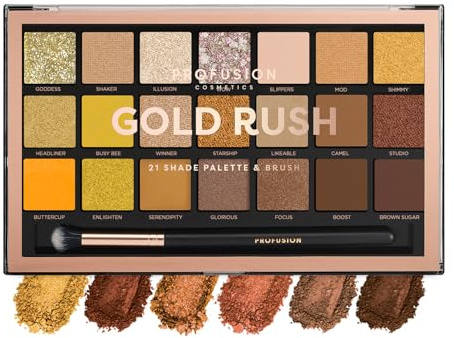Profusion Cosmetics Gold Rush 21 Shade Eyeshadow Palette + Free Pro Series Brush (decadent golds and bronzes to cool and deep brown hues)