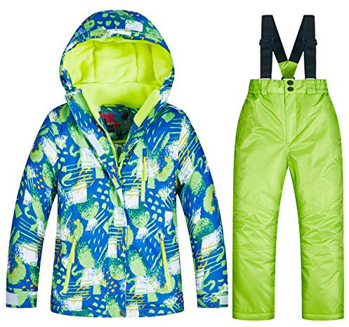 LPATTERN Kinder Jungen/Mädchen Snowboard & Skifahren Bekleidung Zweiteilig Skianzug Schneeanzug Outfit-Set Winddicht Wasserdicht (Skijacke+ Skihose mit Trägern), Jungen 2+Grün, 110-116(Label:08)