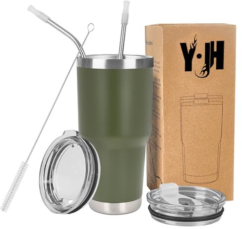 Y·JH 30oz (850ml) Bicchiere da viaggio Tazza da caffè a doppia parete isolata sottovuoto Tazza da caffè in acciaio inossidabile con 2 coperchi antispruzzo, 2 cannucce, senza BPA - Army Green