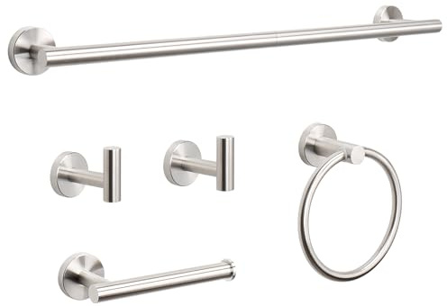 NearMoon 5 Pieces Bathroom Hardware Set SUS304 Thicken Stainless Steel-Towel Rack Kit Include 24 Towel Rod +Bath Towel Ring +Toilet Paper Holder +2 Robe Towel Hooks Bath Accessories (Nickel)