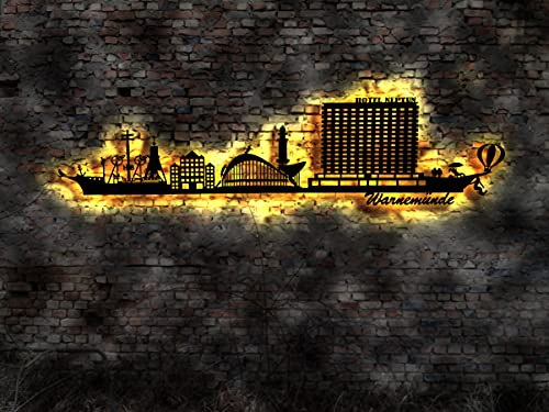 Manufaktur MV Skyline Warnemünde Rostock Urlaub Insel LED Wandbild aus Holz Stadt AK Karte Map Stadtplan Wandsticker Leuchtbild Neonreklame Neon sign
