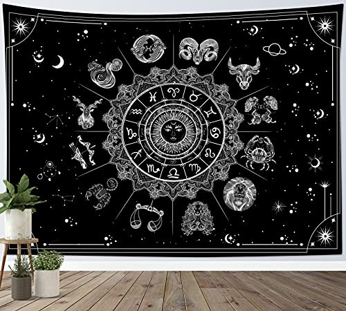 LB Konstellation Wandteppich Astrologie und Sonne Wandtuch Mandala Boho Wandbehang Schwarz und Weiß Tapisserie für Wohnzimmer Schlafzimmer Wohnheim Wanddeko,235x180cm