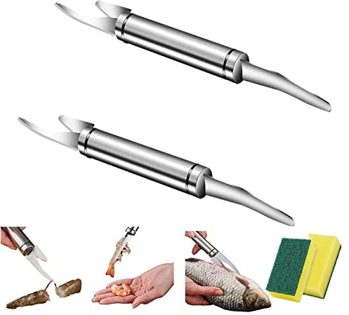 SHENTENG 2 Stück Garnelenschäler, 5 in 1 Multifunktionale Garnelenschnur Fisch Maw Knife mit Reinigungsschwamm, Edelstahl Shrimp Deveiner Werkzeug Fisch Scaler Entferner, Silber, 23,5 x 2,5 x 2,5 cm