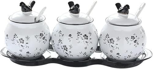 GImLY Gewürzdosen-Set mit 3 kleinen Vogel-Gewürzdosen aus Keramik, Zuckerdose, Behälter mit Deckel, Löffel und Keramikschale, Gewürzdose, Gewürzdose, Topfset (schwarz und weiß), Gewürzbehälter