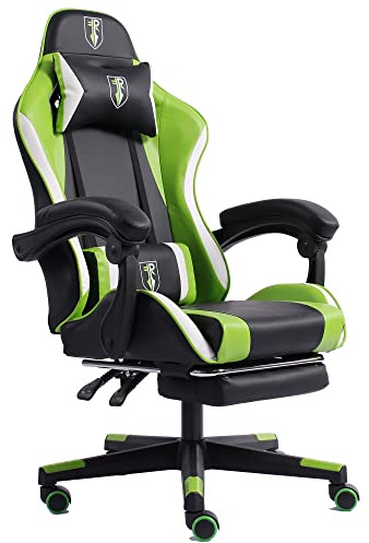 Gaming i racing-design med flexibla vadderade armstöd, ergonomisk PC-gamingstol i läderutseende, skrivbordsstol med utdragbart fotstöd och extra stödkudde, färg: svart/grön-vit