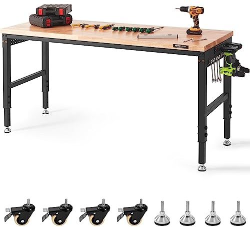 VEVOR Workbench for Garage 72 Adjustable Workbench, Heavy-Duty Hardwood Worktable with Universal Wheels, 3000 LBS Load Capacity, with Power Outlets, for Workshop, Garage, Office and Home