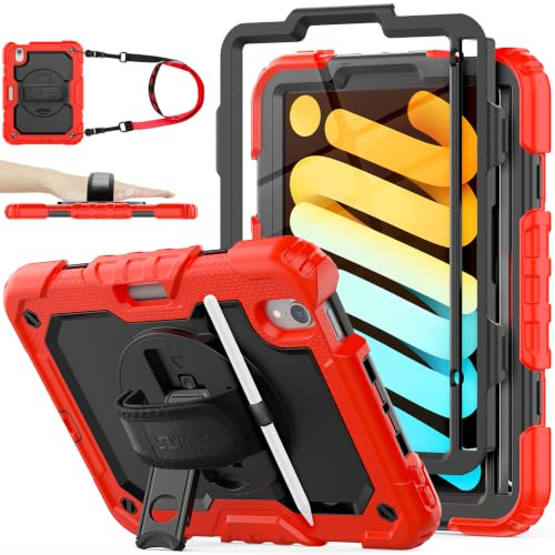 SEYMAC stock Case for iPad Mini 7 (A17 Pro)/Mini 6 8.3'' 2024/2021, Red | Full-body Shockproof, with Screen Protector, 360° Rotating/Adjustable Stand/Hand Strap, Pencil Holder & Shoulder Strap