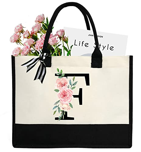 sundee Borsa da spiaggia in tela con iniziale personalizzata, borsa tote in tela con tasca interna con cerniera, borsa da regalo con monogramma per matrimoni, compleanni, vacanze, Lettera F nera, One