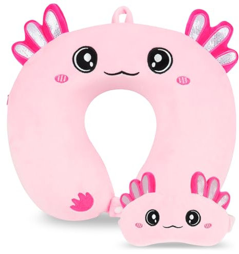 Travel Pillow, Kids Travel Pillow with Sleep Eye Mask, Soft Memory Foam Neck Pillow for Kids Boys & Girls, Teens, Travel Accessories for Airplane - Axolotl Neck Pillow